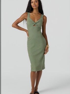 O'Neill Jaslyn Olive Green Twist-Front Ribbed Midi Dress, Size Large